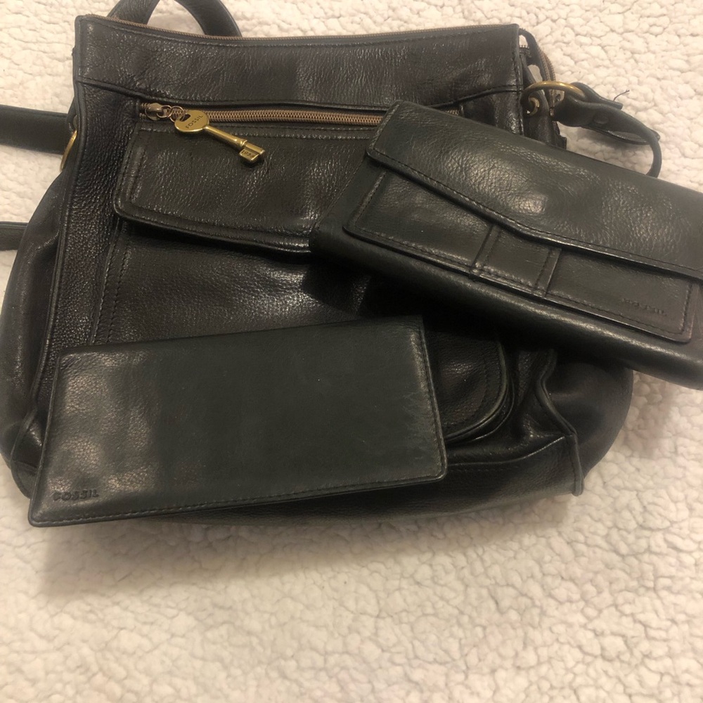 Fossil Black Leather Shoulder Bag with Matching Wallets